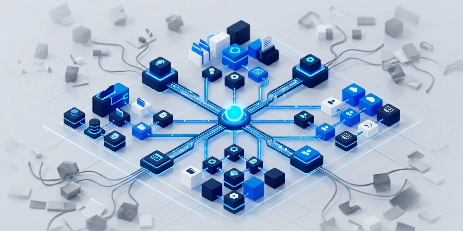 3D isometric diagram of an agency workflow system showing a centralized project management structure overcoming communication chaos