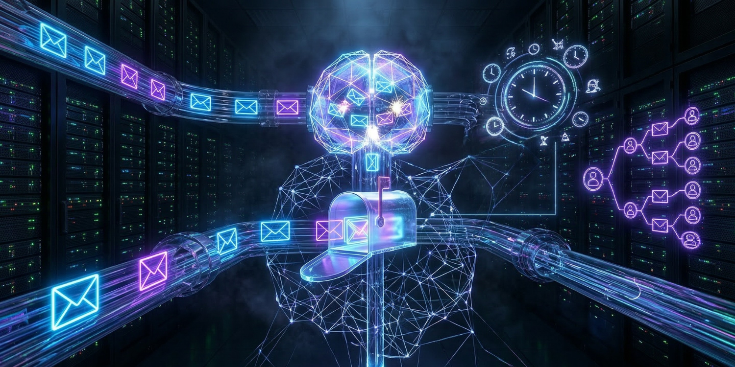 Futuristic cyberpunk visualization of AI email marketing automation, showing a neural network sorting neon digital envelopes through a central glowing AI brain core.