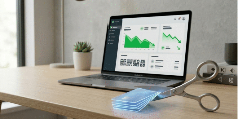 A professional workspace showing a laptop with a financial dashboard and a pair of scissors cutting through credit cards, representing an AI subscription cost audit.