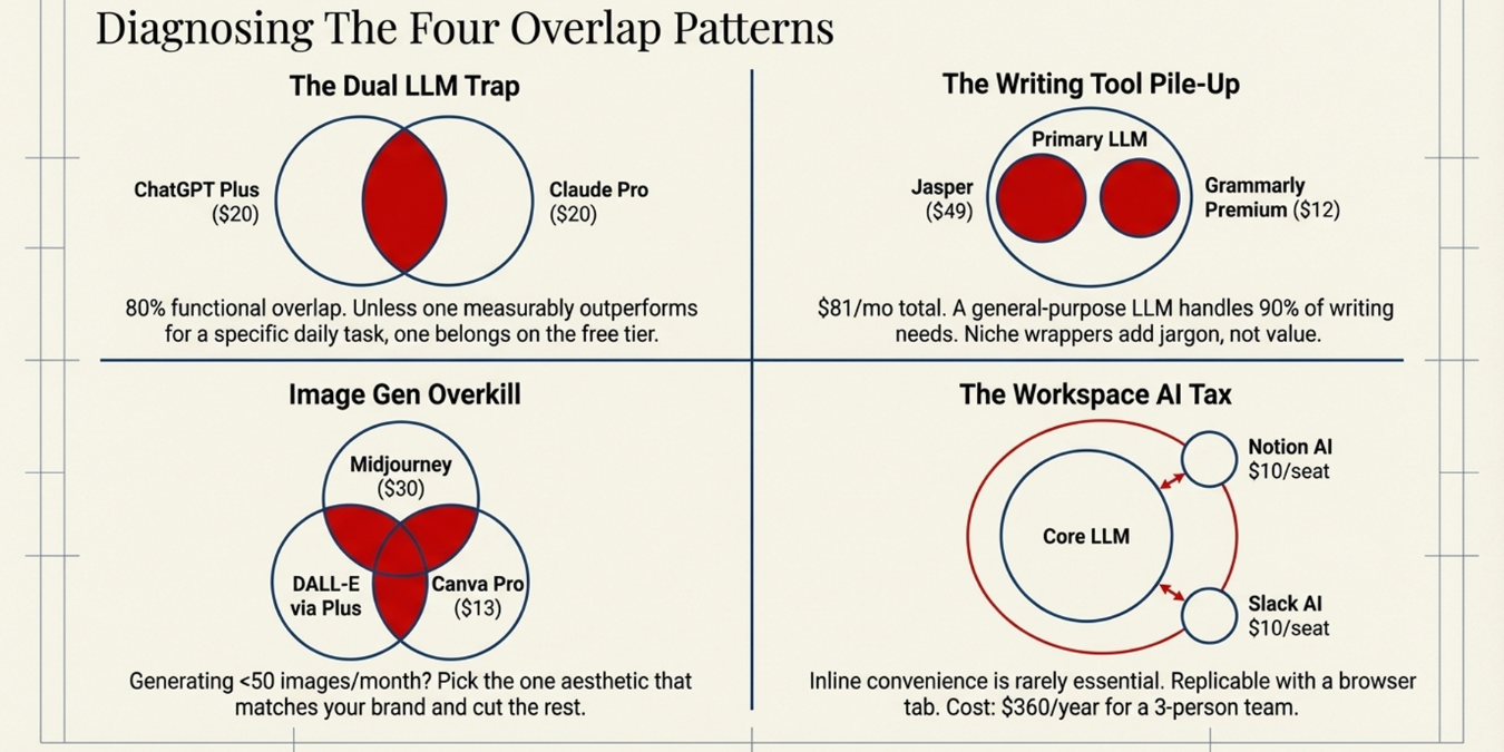An infographic Venn diagram illustrating four overlapping patterns of AI subscription waste: LLMs, Writing, Image Generation, and Workspace tools.