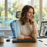 Solo founder at a desk comparing a glowing AI data hologram with a human virtual assistant on a video call to decide between automation and delegation