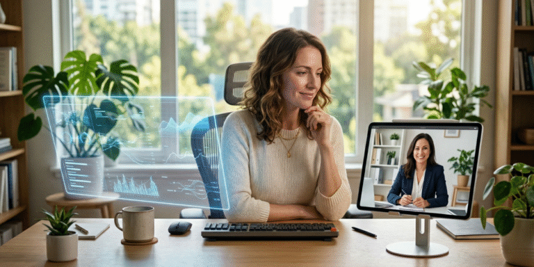 Solo founder at a desk comparing a glowing AI data hologram with a human virtual assistant on a video call to decide between automation and delegation