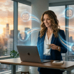 A confident B2B solopreneur overlooks a glowing holographic display showing five interconnected automated AI workflows for leads, proposals, and content in a modern office