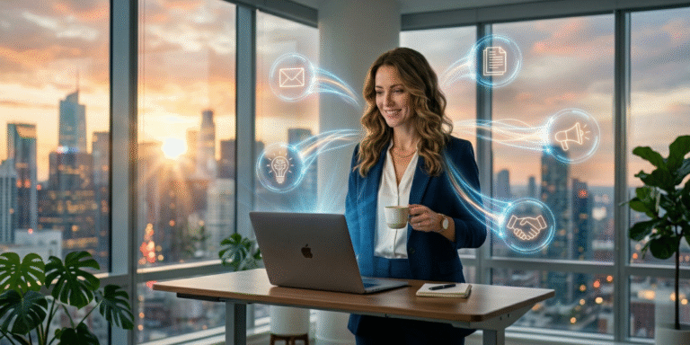 A confident B2B solopreneur overlooks a glowing holographic display showing five interconnected automated AI workflows for leads, proposals, and content in a modern office