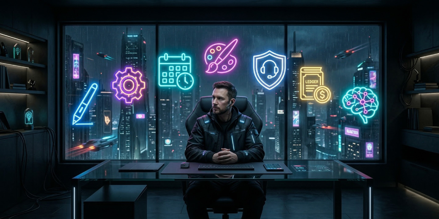 A futuristic cyberpunk solopreneur in a high-tech office managing a business through seven glowing holographic AI tool modules representing different company roles