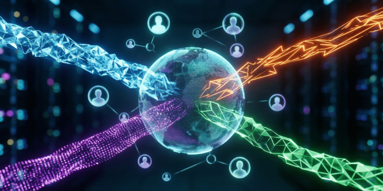 Futuristic holographic data hub representing CRM systems for small agencies, featuring neon data streams and digital connection nodes in a cyberpunk aesthetic.