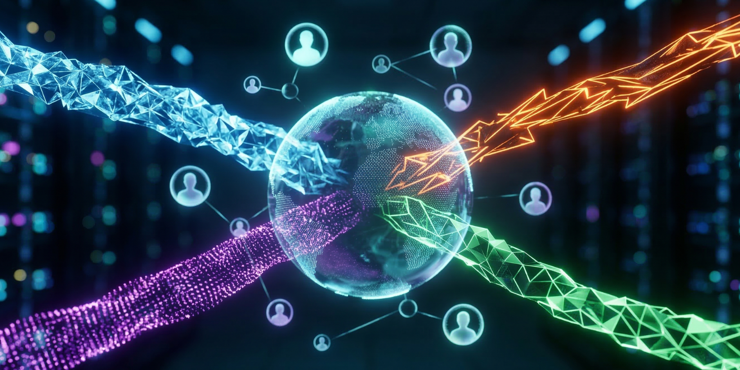 Futuristic holographic data hub representing CRM systems for small agencies, featuring neon data streams and digital connection nodes in a cyberpunk aesthetic.