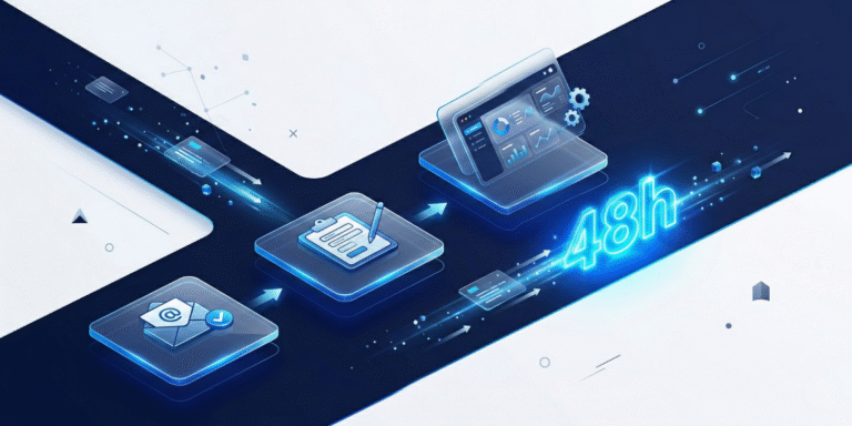 Diagram showing a 7-step client onboarding sequence for a small agency, starting from welcome email to the first quick win