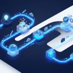 3D isometric illustration of a streamlined digital creative workflow pipeline for a small agency, representing the stages from brief to final delivery