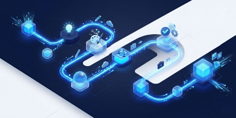3D isometric illustration of a streamlined digital creative workflow pipeline for a small agency, representing the stages from brief to final delivery