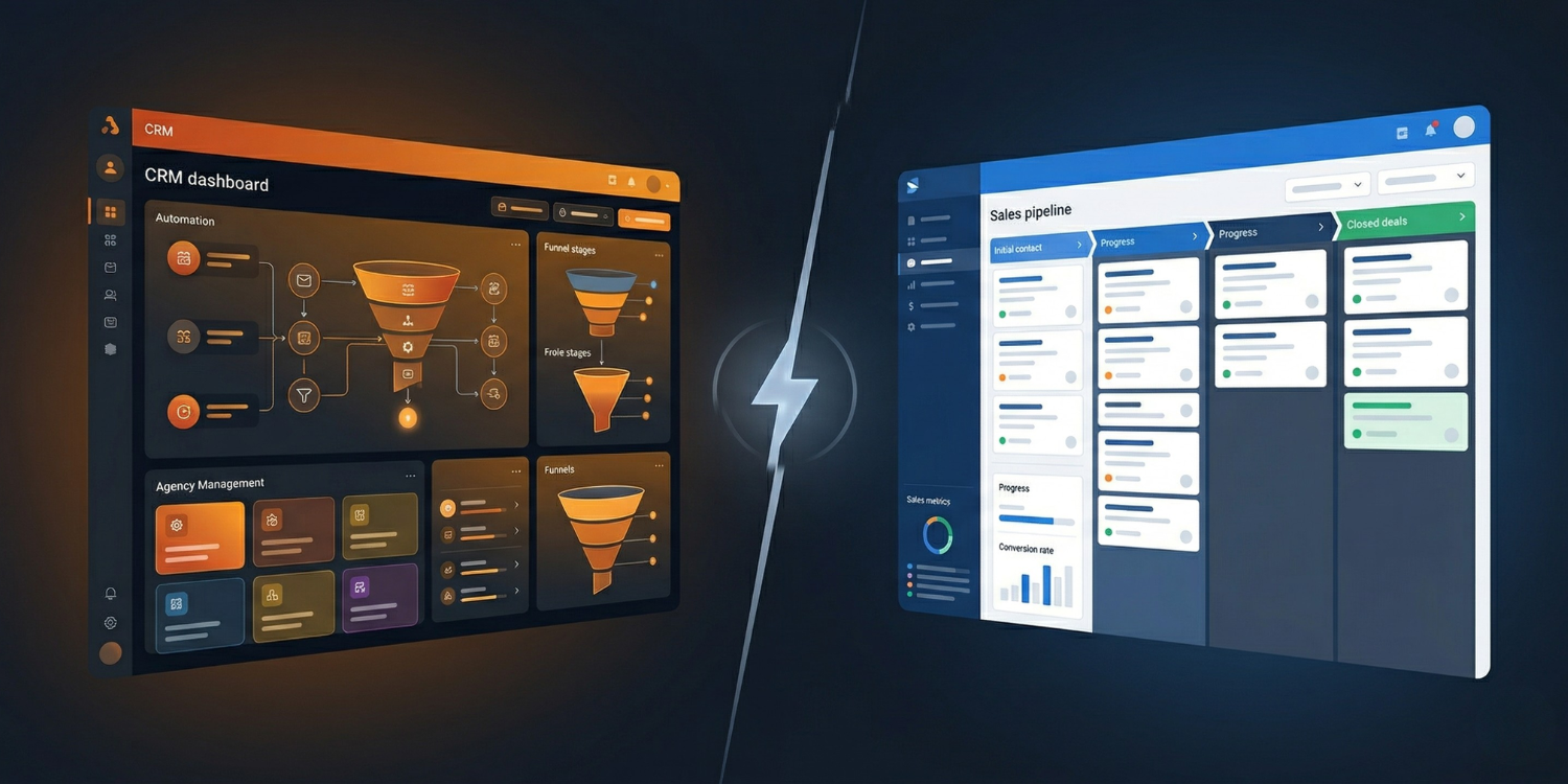 Split-screen comparison of GoHighLevel and Pipedrive CRM dashboards — orange automation pipeline interface on the left versus blue sales pipeline UI on the right, separated by a lightning bolt, representing a head-to-head comparison for small agencies