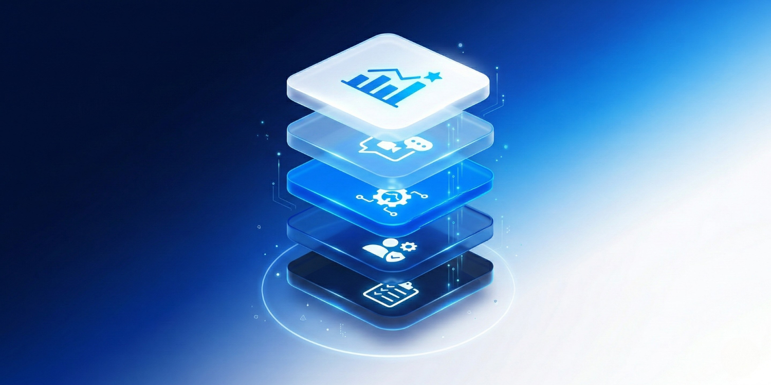 Infographic of a 5-layer lean agency operations stack featuring project tracking, client management, and async communication tools