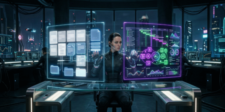 Comparison of Notion and ClickUp holographic interfaces in a futuristic cyberpunk agency command center, showing document-based vs task-based project management systems