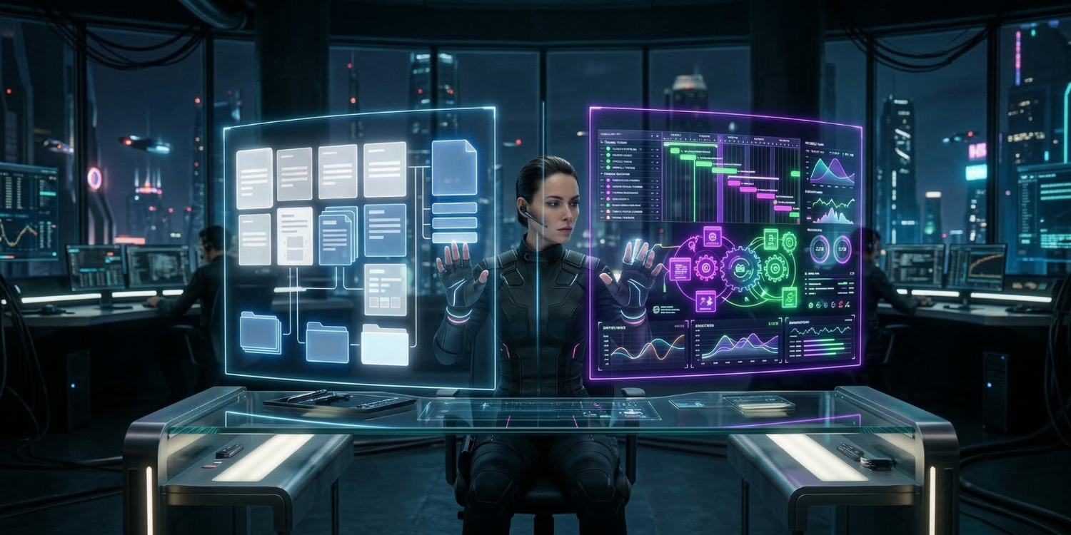 Comparison of Notion and ClickUp holographic interfaces in a futuristic cyberpunk agency command center, showing document-based vs task-based project management systems