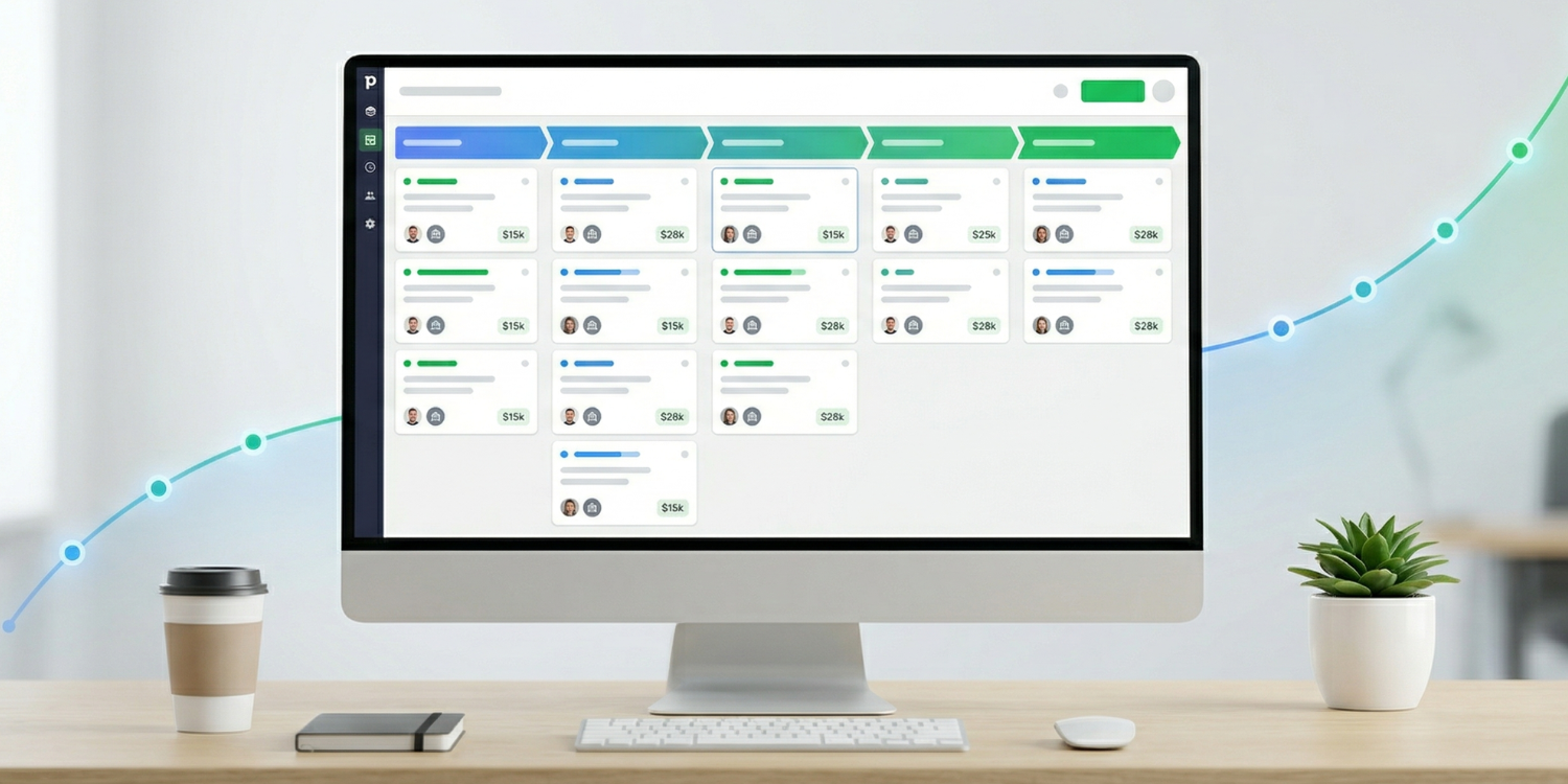 Clean Pipedrive-style kanban sales pipeline dashboard with deal stage cards and minimal UI design, illustrating streamlined CRM pipeline management for small agencies