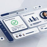 Minimalist 3D isometric dashboard showing a project status bar and milestones for small agency operations