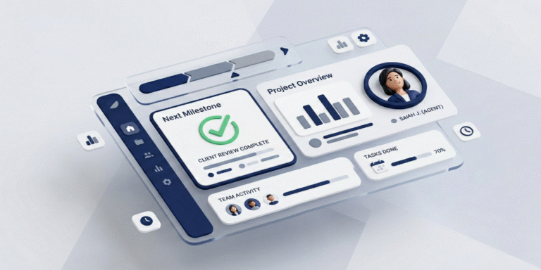 Minimalist 3D isometric dashboard showing a project status bar and milestones for small agency operations