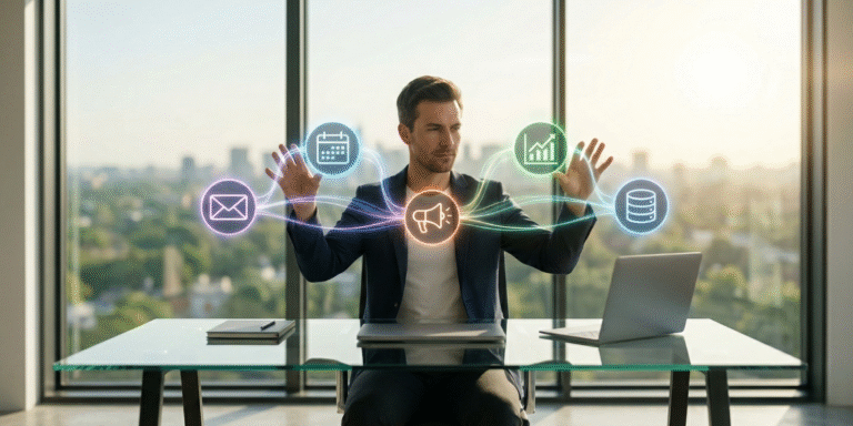 A modern solo founder in a sunlit office conducting five glowing, interconnected symbolic nodes (email, calendar, megaphone, chart, database) that float over a minimalist glass desk, visualizing the replacement of a human virtual assistant with an automated AI tool stack.