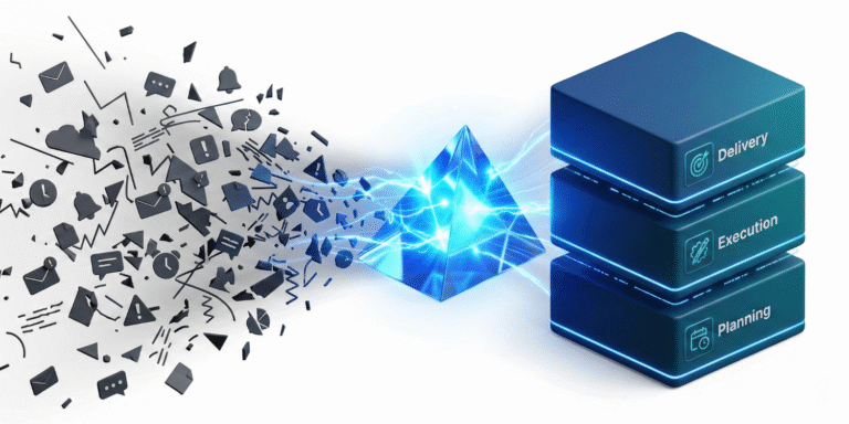 High-impact isometric 3D illustration of chaotic digital notifications being transformed into a structured 3-mode work week for solo founders.