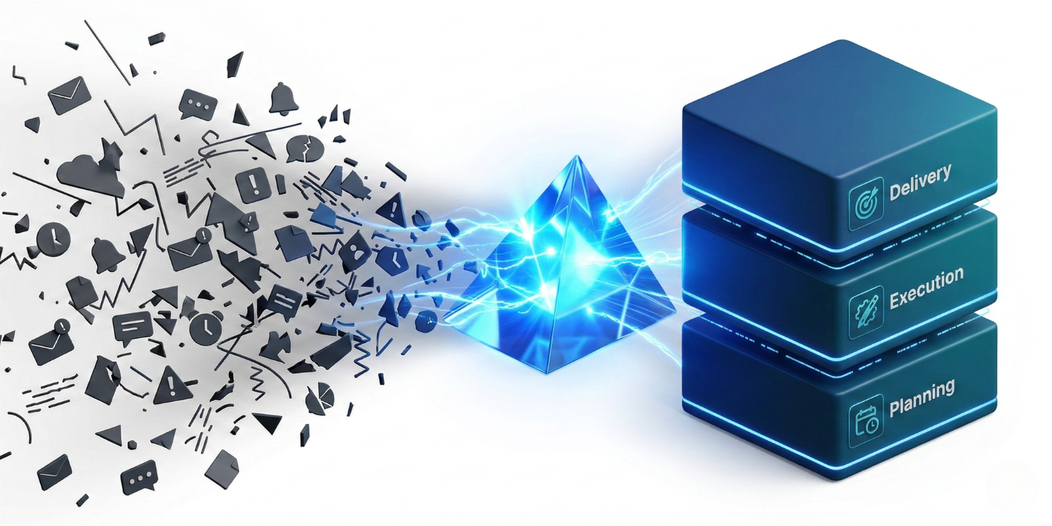 High-impact isometric 3D illustration of chaotic digital notifications being transformed into a structured 3-mode work week for solo founders.