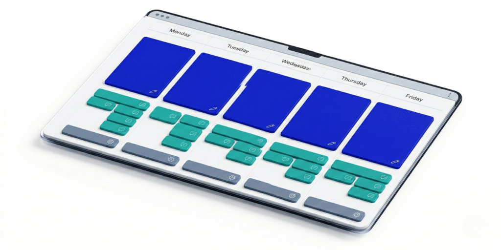 Isometric 3D weekly calendar diagram showing time blocks for Maker, Manager, and Maintenance modes for solo founders