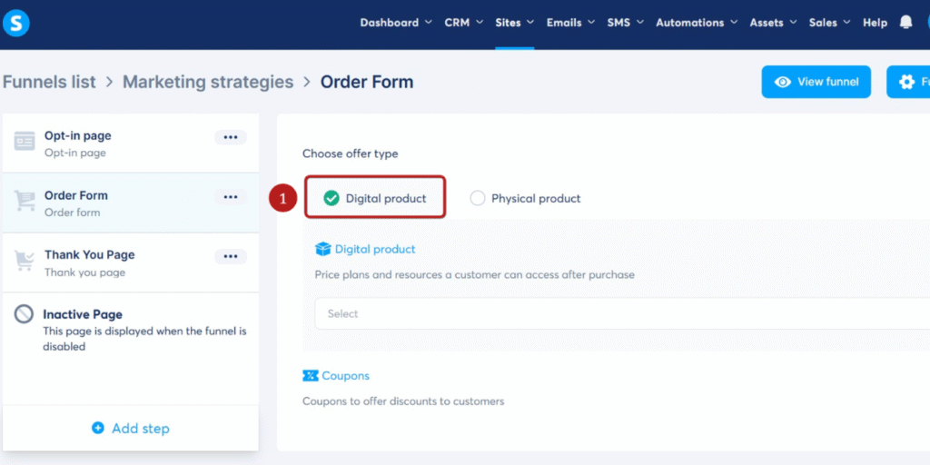 Systeme.io main dashboard showing navigation bar, new leads counter and live updates panel