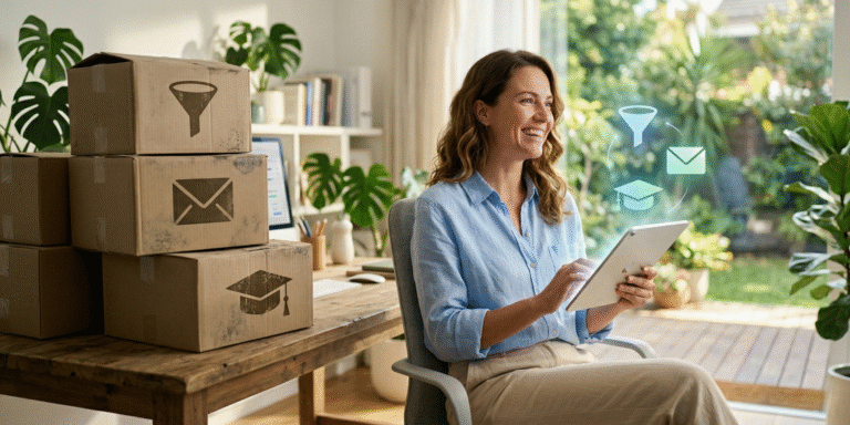 Small business owner smiling while using a tablet to manage their marketing platform, replacing a cluttered stack of expensive software tools.