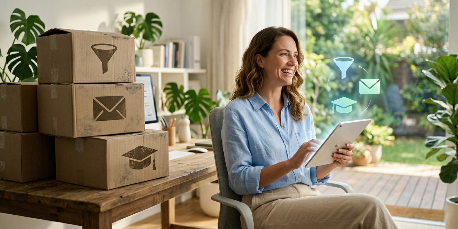 Small business owner smiling while using a tablet to manage their marketing platform, replacing a cluttered stack of expensive software tools.